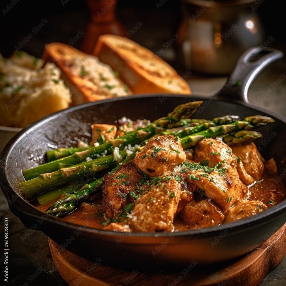 Pollo alla Marsala with steamed asparagus and garlic bread on the side Pollo alla Marsala with steamed asparagus and garlic bread on the side