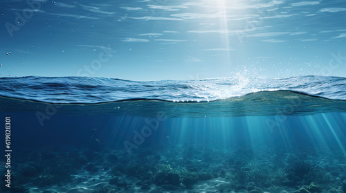 Underwater sea and sky, split shot of half water half sky, generative ai photo