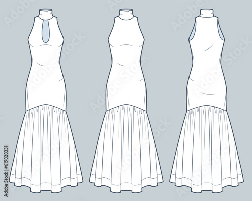 Turtleneck Maxi Dress technical fashion illustration. Jersey Dress with textile bottom fashion flat technical drawing template, slim fit, cutout, front and back view, white, women CAD mockup set.