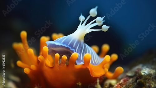 Tranquil Sea Depth Reveals a Light Blue Nudibranch Mollusk Adorned with Yellow Rhinophores and Tentacles, Perched on a Vibrant Reef. Generative AI photo