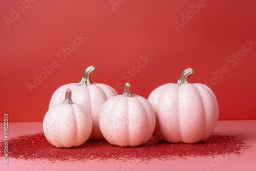 autumn composition with white pumpkins on a red background. Halloween, Thanksgiving party. Generative, Generative AI