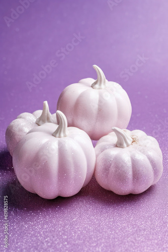 autumn composition with white pumpkins on a purple background. Halloween, Thanksgiving party. Generative, Generative AI