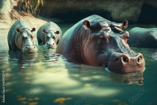 A group of hippopotamus lounging in the river in the zoo, hippo in the water, hippo with a wide open mouth, hippos wallow, swimming hippo at water level, generative AI