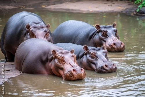 A group of hippopotamus lounging in the river in the zoo, hippo in the water, hippo with a wide open mouth, hippos wallow, swimming hippo at water level, generative AI