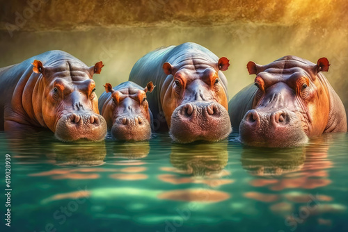 A group of hippopotamus lounging in the river in the zoo, hippo in the water, hippo with a wide open mouth, hippos wallow, swimming hippo at water level, generative AI © Kien