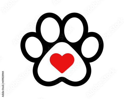 Paw icon. Dog, cat paw icon. Zoo, vet logo element. Paw print with red heart vector symbol. Line style.