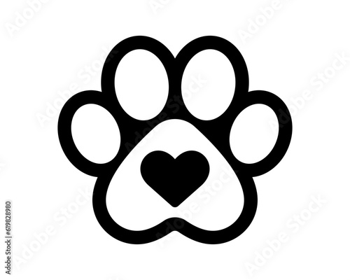 Paw icon. Dog, cat paw icon. Zoo, vet logo element. Paw print with heart vector symbol. Line style.