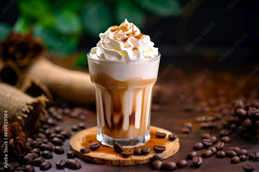 Coffee with whipped cream in a glass on a wooden table. Generative AI. Coffee with whipped cream in a glass on a wooden table. Generative AI.