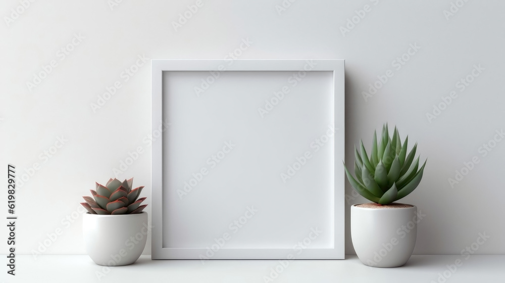 White frame mockup with succulent plant on white background. 3D rendering. Generative AI. White frame mockup with succulent plant on white background. 3D rendering. Generative AI.