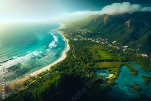 Aerial view of tropical beach and sea. Beautiful nature landscape background. Generative AI.