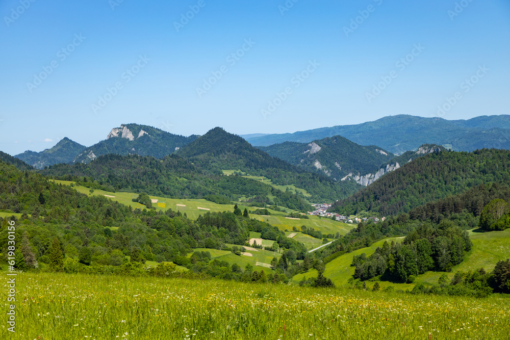 Beautiful panorama of the Pass over Tokarnia. Slovakia. View of the Pieniny Mountains.