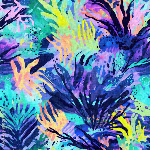 Tropical modern coastal pattern clash fabric coral reef print for summer beach textile designs with a linen cotton effect. Seamless trendy underwater kelp and seaweed repeat background