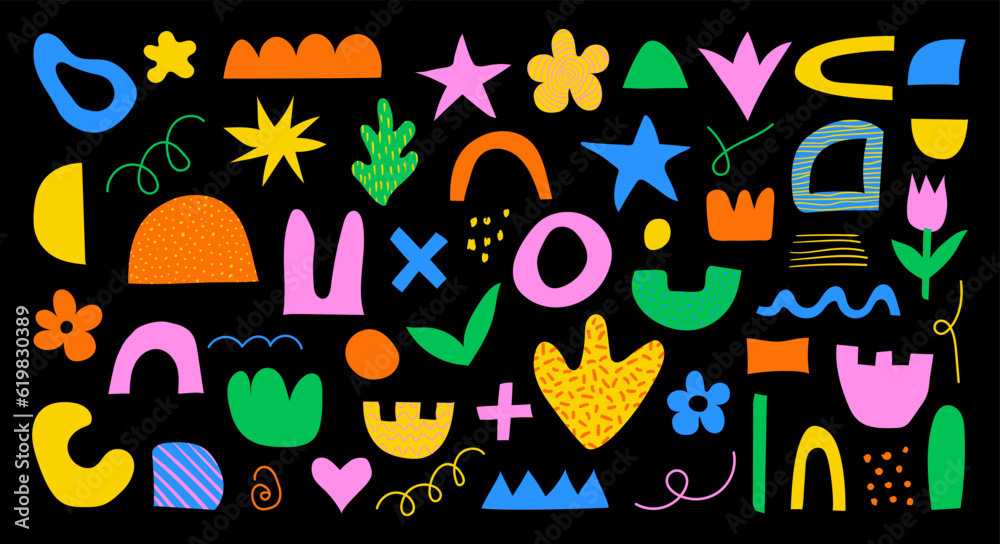 Set of abstract retro Y2K naive hand drawn organic shapes. Vector doodle collection of colorful matisse figures, flowers, stars in 70s groovy style