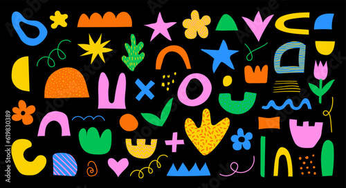 Set of abstract retro Y2K naive hand drawn organic shapes. Vector doodle collection of colorful matisse figures  flowers  stars in 70s groovy style