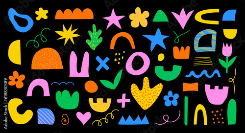 Set of abstract retro Y2K naive hand drawn organic shapes. Vector doodle collection of colorful matisse figures, flowers, stars in 70s groovy style