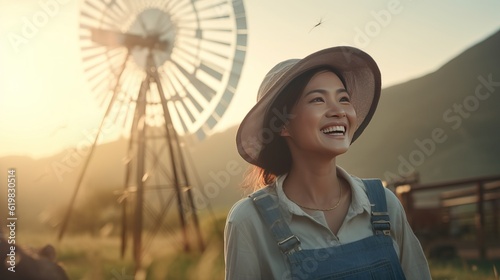 Healthy and happy woman with beautiful smile. she's gardening at farm in the morning. windmill background.