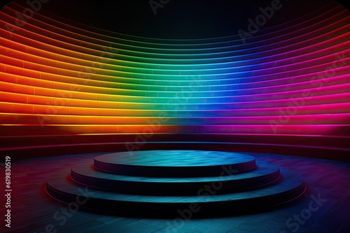 Colourful podium with lighting. Stand wall scene colourful podium background, geometric shape for product display presentation. Minimal scene for mockup products, stage showcase, promotion display.