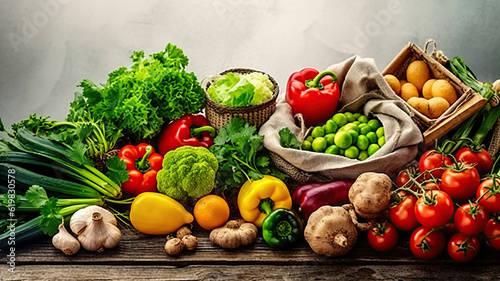 Healthy food. Variety of organic vegetables and fruits On a rustic background. Generative AI
