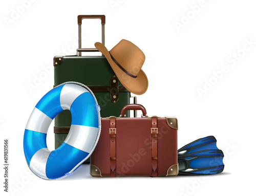 3d realistic vector icon illustration. Travel time design concept. Elements with luggage, hat, snorkeling lifebyou.