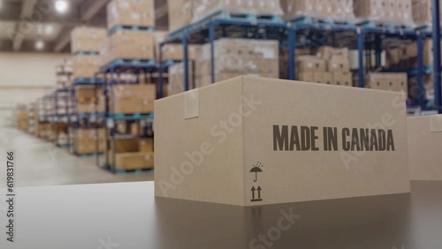 Boxes with MADE IN CANADA text on conveyor. 3d illustration
