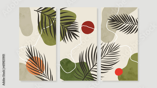 Set of abstract foliage wall art vector. Leaves, organic shapes, earth tone colors, leaf branch in hand drawn style. Watercolor wall decoration collection design for interior, poster, cover, banner.