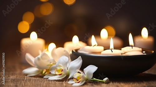 Burning candles with white orchid flower for zen concept. Generative AI