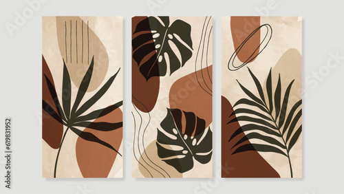 Set of abstract foliage wall art vector. Leaves, organic shapes, earth tone colors, tropical leaf in hand drawn style. Watercolor wall decoration collection design for interior, poster, cover, banner.