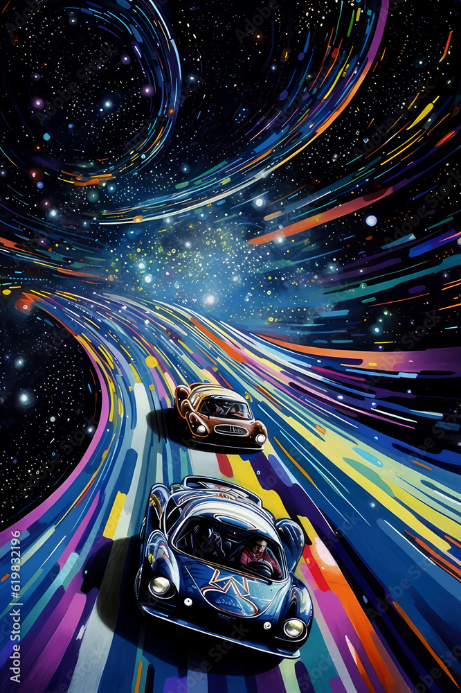 Cosmic Velocity: Classic Cars Racing through a Vibrant Space-Time Continuum