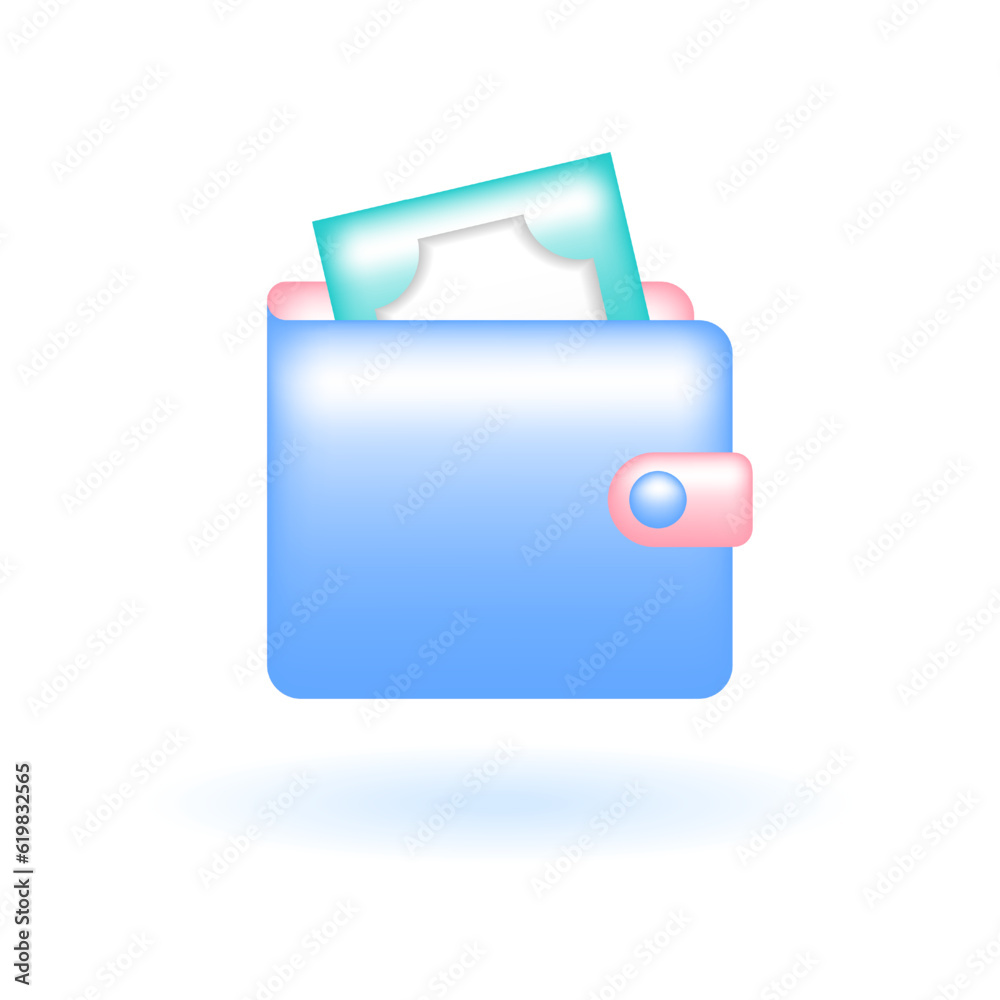 3D Wallet Money Banknote Dollar Bill Icon. Marketing Online Shopping Concept. Glossy Glass Plastic Pastel Color. Cute Realistic Cartoon Minimal Style. 3D Render Vector Icon UX UI Isolated Illustration 3D Wallet Money Banknote Dollar Bill Icon. Marketing Online Shopping Concept. Glossy Glass Plastic Pastel Color. Cute Realistic Cartoon Minimal Style. 3D Render Vector Icon UX UI Isolated Illustration