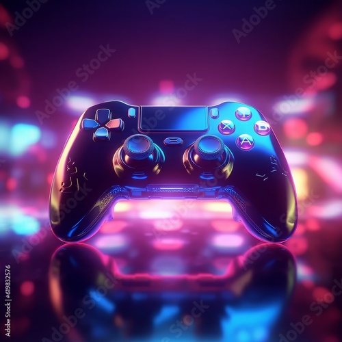 Gamepad controller in neon light. Realistic 3D render illustration