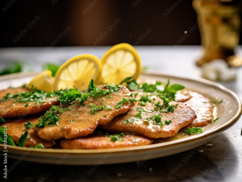 Scaloppine al Limone garnished with parsley and lemon slices on a white plate