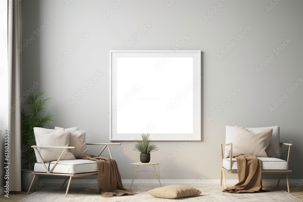 Modern Home Interior Decoration with White Empty Frame on Wall, Living Room Concept Modern Home Interior Decoration with White Empty Frame on Wall, Living Room Concept
