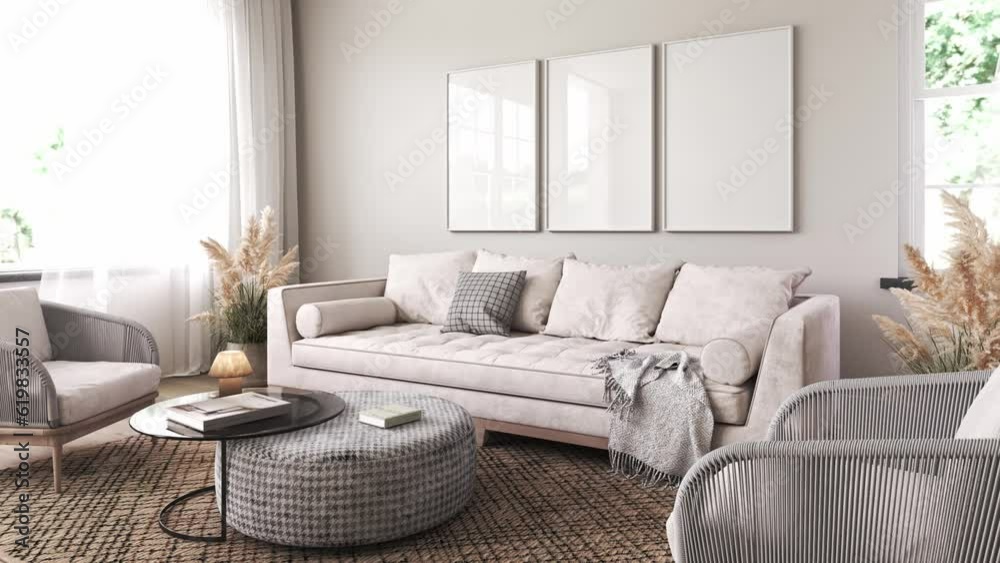 Modern scandinavian interior livingroom. Three picture frame. Empty wall mockup in white room with dry plants. 3d rendering illustration. 3d visualization. High quality 4k footage video