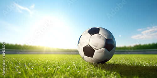 Fu  ball auf einem Sportplatz mit blauen Himmel und Sonnenschein 