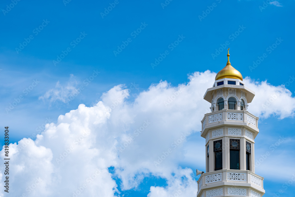 Mosqur Dome, Mosque Top, Light of Hope arabic islamic architecture. Mosque is an Islamic landmark on a blue background