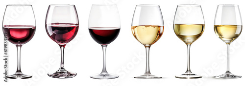 Glass with red and white wine. transparent wineglasses on transparent background. alcohol glassware. Grape beverages serving. Isolated transparent goblets. 