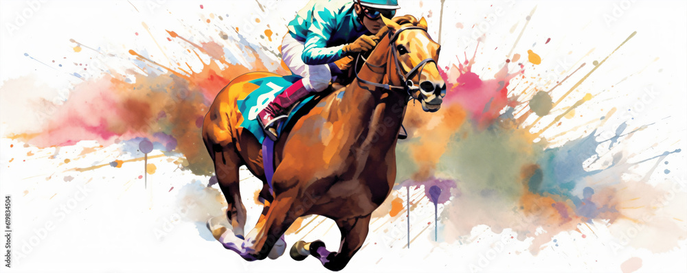 Fototapeta premium Horse race. Colored splashes of paint. illustration