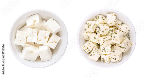 Canvas Print Greek feta cubes, brined cheese, in white bowls
