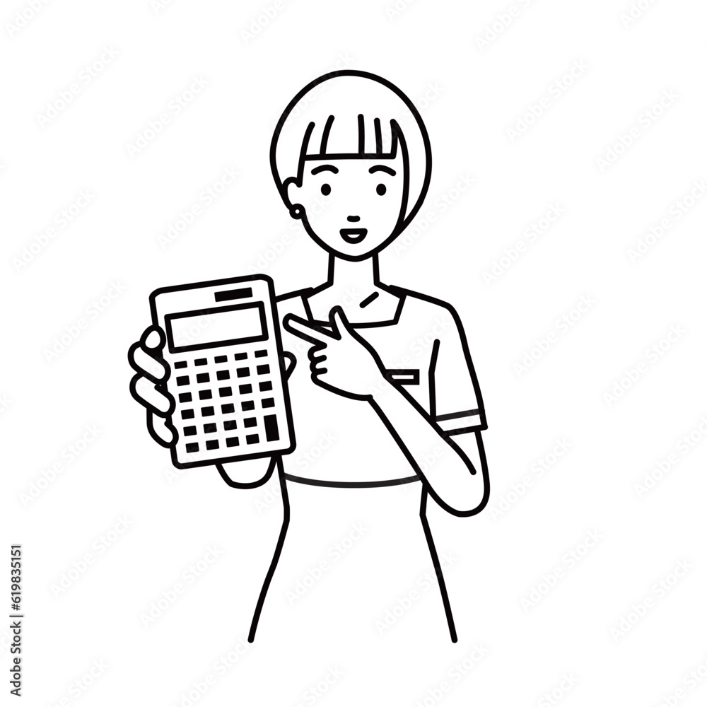 an esthetician, receptionist woman recommending, proposing, showing estimates and pointing a calculator with a smile an esthetician, receptionist woman recommending, proposing, showing estimates and pointing a calculator with a smile