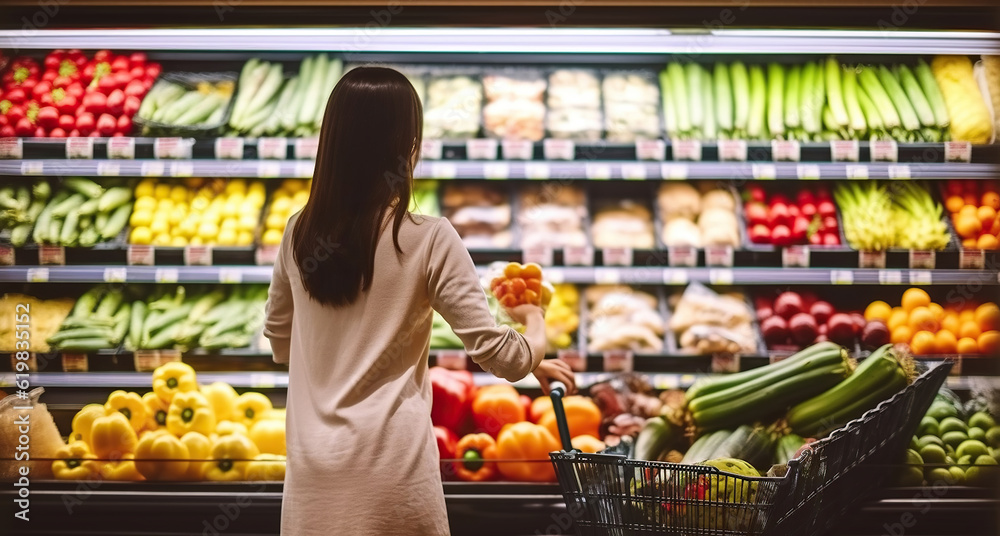 Woman shopping fruit and vegetables at the supermarket. Generative AI