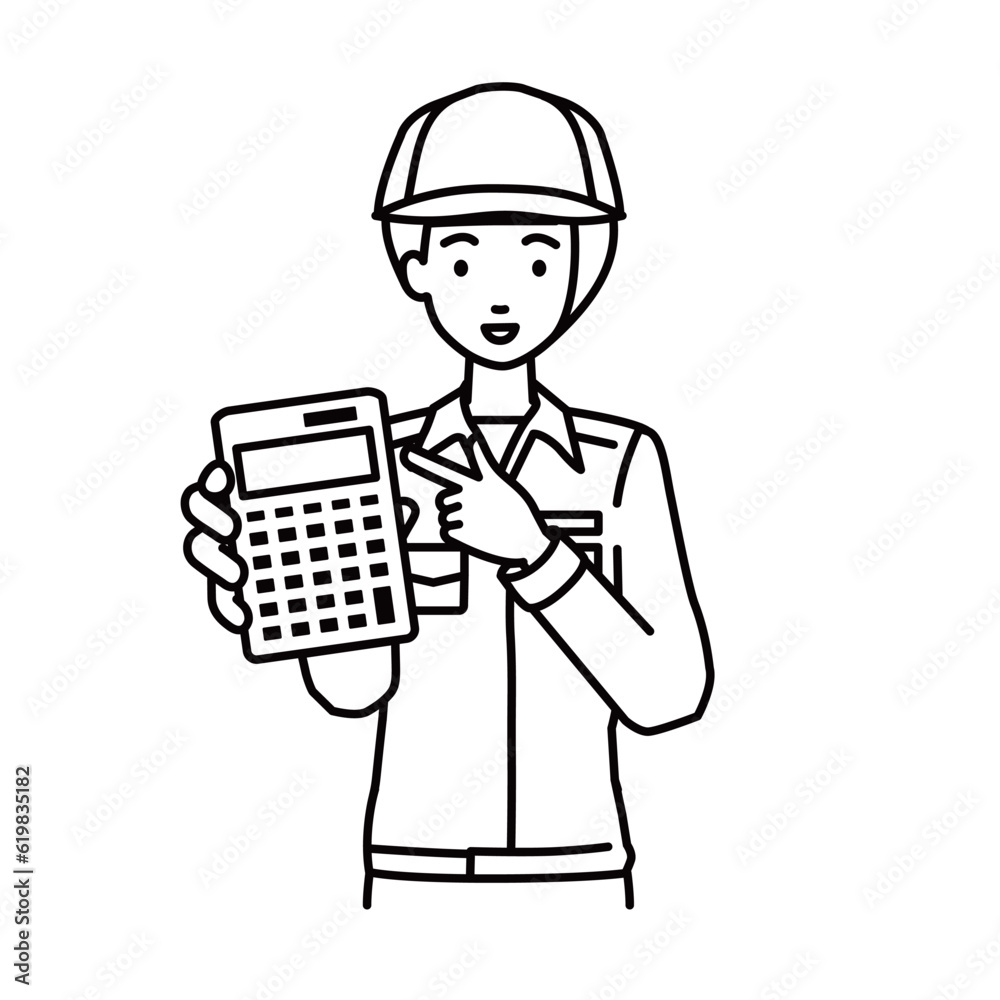a blue-collar worker woman recommending, proposing, showing estimates and pointing a calculator with a smile a blue-collar worker woman recommending, proposing, showing estimates and pointing a calculator with a smile