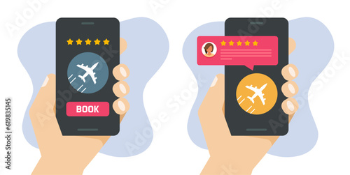 Travel flight air plane book button on mobile cell phone icon vector online graphic, review rate stars of airline aircraft airplane on cellphone smartphone app illustration, best trip tour shop rating