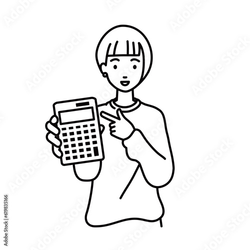 a woman in casual style recommending, proposing, showing and pointing a calculator with a smile