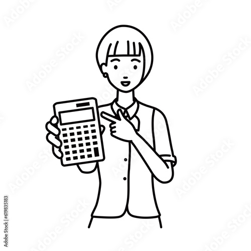 a woman in clerical uniform recommending, proposing, showing estimates and pointing a calculator with a smile