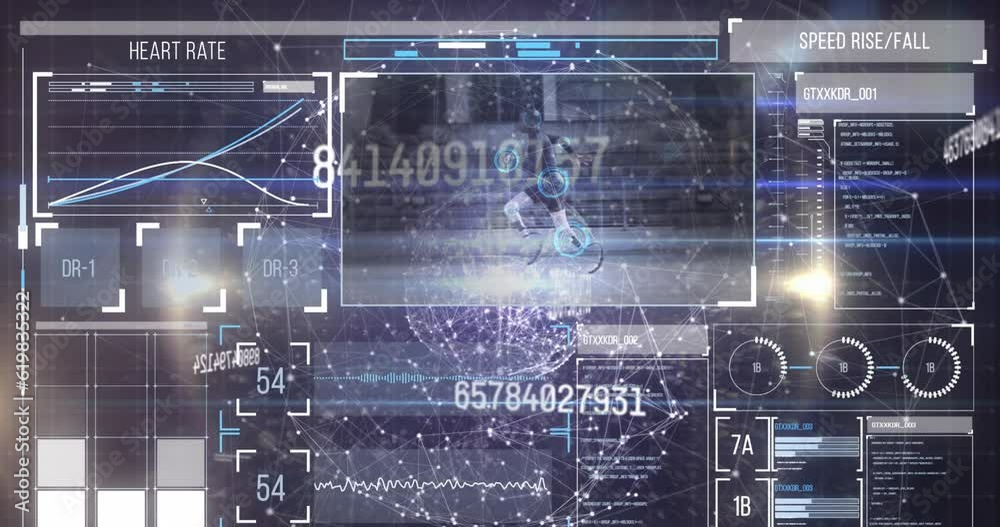 Animation of changing numbers over graphs, loading circles against dots forming globes Animation of changing numbers over graphs, loading circles against dots forming globes