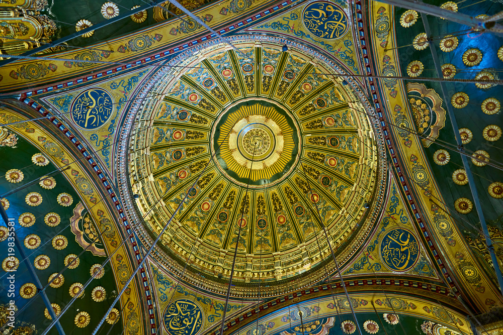 Ornamental ceiling inside the dome at the Great Mosque of Muhammad Ali Pasha, Cairo, Egypt