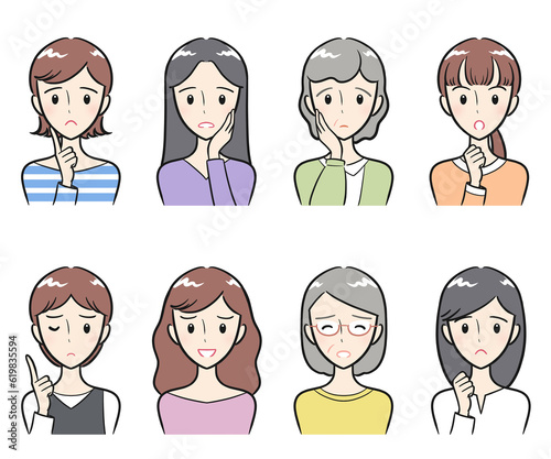 様々な年代の大人女性　ネガティブな身ぶりと表情　アイコンセット（カラフル）