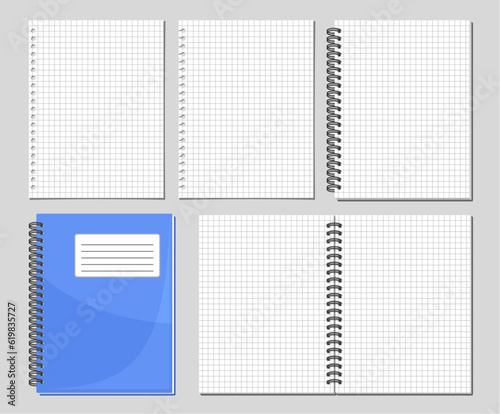 Vector Spiral Notebook Set, collection of 5 cut out illustrations of different blank notebook squared pages, group of opened and closed binder paper note books on grey background