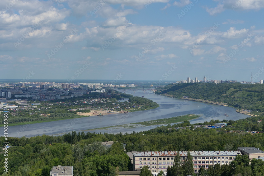 Beautiful panoramic view from above of the urban landscape and the Oka River. Nizhniy Novgorod. High quality photo