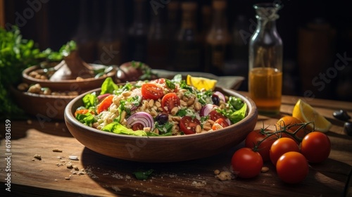 Insalata di Riso on a wooden table with Mediterranean ambiance